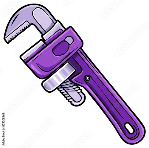 Vibrant purple pipe wrench with adjustable jaw in a clean cartoon illustration