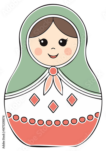 Cute traditional Russian matryoshka doll vector illustration with happy face and cultural folk art pattern