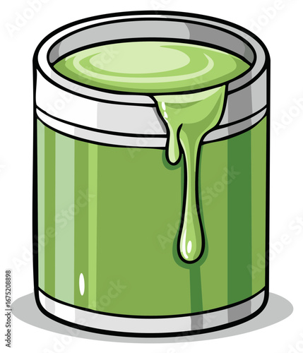 Cartoon illustration of an open metal can of green paint spilling over