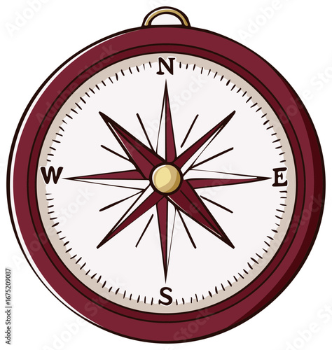 Maroon pocket compass with a stylized star and directional markers
