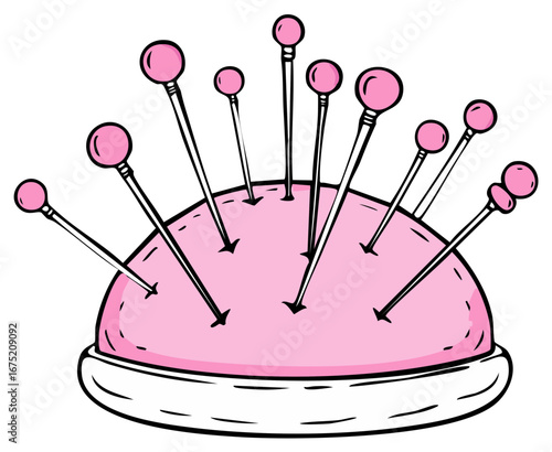 Pink pincushion with sewing pins cute cartoon illustration for craft hobby