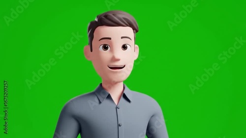 A simple and clean 3D animated male avatar in a grey shirt, presented on a green screen background. Great for presentations, explainer videos, or corporate animations.