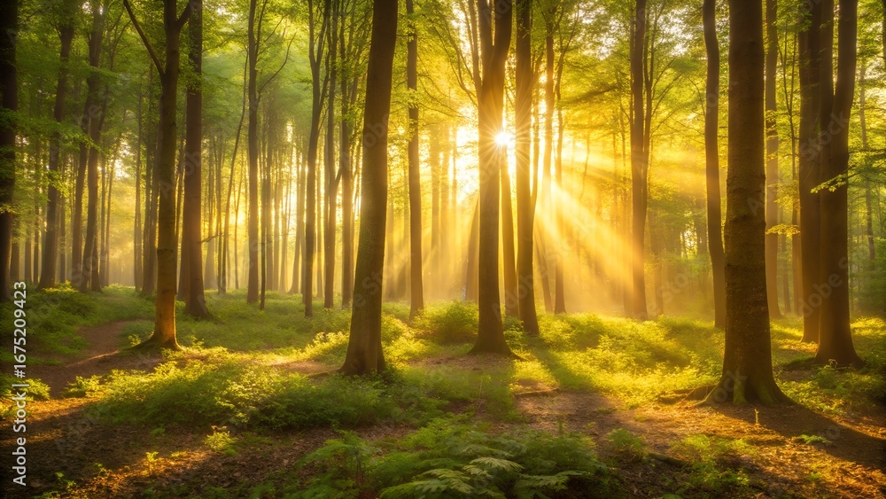 Obraz premium Sunlight Streaming Through a Lush Green Forest in Early Morning