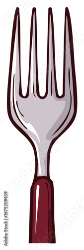 Stylized illustration of a metal dinner fork with a red handle for kitchen and dining