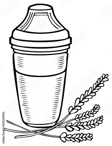 Drink shaker with lavender flowers outline, cocktail mixer graphic art