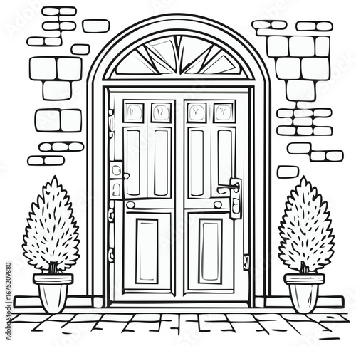 Arched Front Door Illustration with Brick Wall and Decorative Potted Topiary Plants