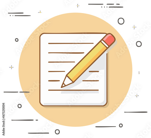 Hand-drawn illustration of a pencil writing on lined paper with abstract design elements