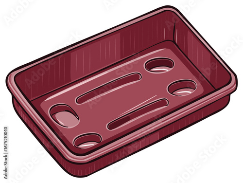 Empty dark red rectangular plastic gardening tray with drainage holes for plant seedlings