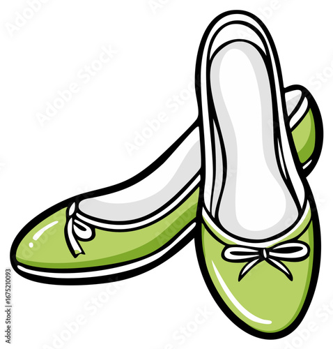 Pair of light green ballet flats with white bows and trim
