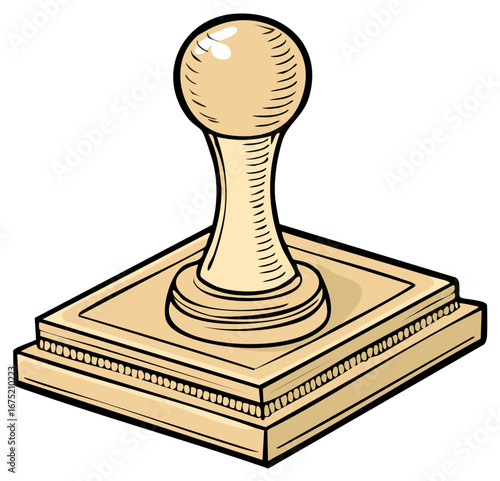 Old fashioned cartoon style wooden stamp with rounded handle and square base for documents and letters