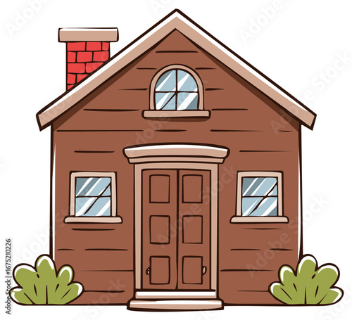 Cute Brown House Facade, Brick Chimney, Arched and Square Windows, Cartoon Style