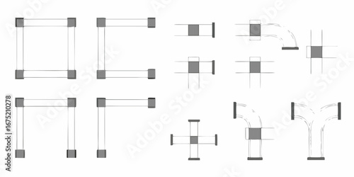 Collection of abstract geometric shapes and pipe connectors with various junction types