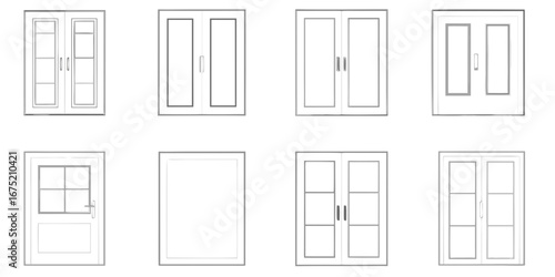 Collection of various door and window designs in a clean line art style