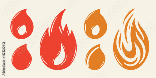 Collection of stylized flame icons in red and orange colors on a cream background