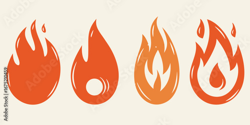 Four stylized graphic icons representing different styles of fire flames in orange hues