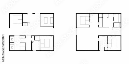 Two modern minimalist floor plans showing interior layouts with bedrooms and living spaces