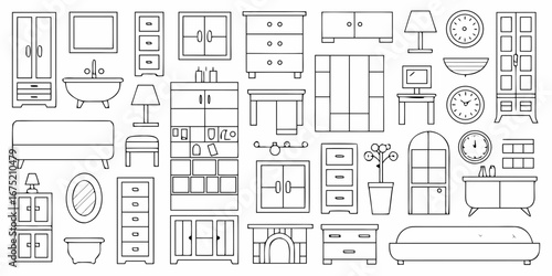 Collection of outline furniture and home decor items including cabinets drawers sofas bathtubs lamps clocks and mirrors