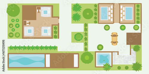 Top view of a modern residential property with swimming pools bedrooms and a car