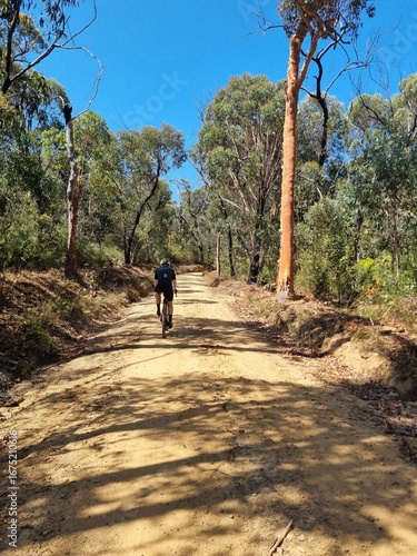 Male Cyclist Riding on Kedumba Valley Gravel Road, Blue Mountains on a Sunny Day