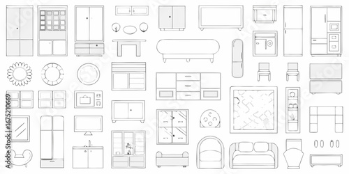 Collection of hand drawn furniture and home decor items in a minimalist sketch style