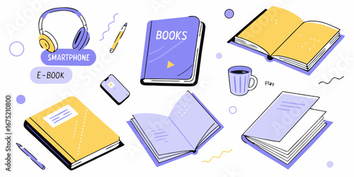 Collection of books and reading accessories including headphones smartphone and coffee cup for e learning and entertainment