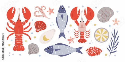 Collection of stylized seafood and ocean elements including lobsters fish shells starfish and seaweed in a flat design style