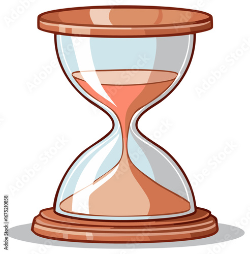 Stylized illustration of a sand timer with flowing pink sand in a transparent glass bulb and wooden base