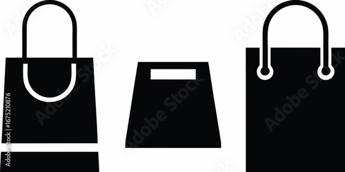 Three simple black shopping bag icons with handles on a white background