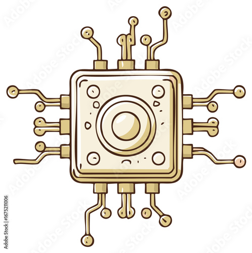 Stylized hand-drawn electronic microchip with connecting wires