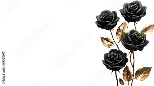Elegant black roses with gold leaves floral design for luxurious backgrounds and creative presentations  | png cutout isolated on transparent backddrop