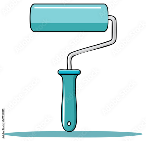 Turquoise Paint Roller with Handle and Metal Frame Isolated on White Background