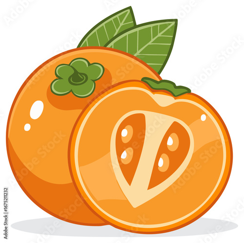 Whole and halved persimmon fruit with green leaves, isolated on white