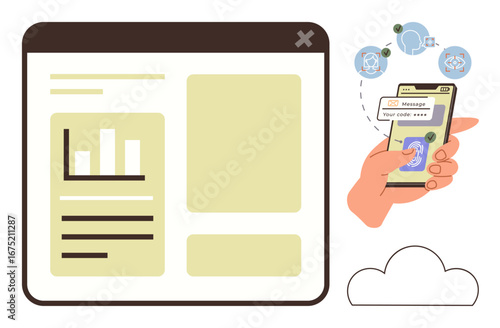Hand enters code from phone for two-factor authentication, secure login via verification system. Ideal for cybersecurity, online safety, authentication, technology, privacy, communication, data