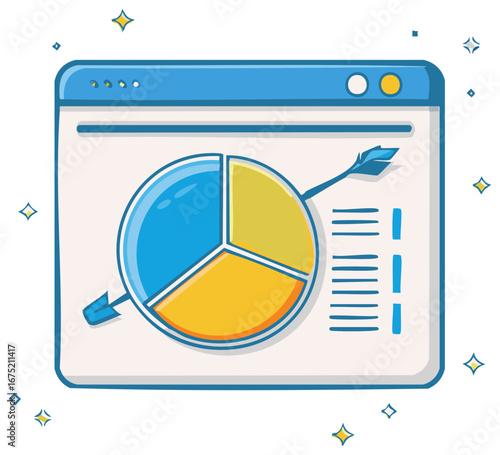 Cartoon webpage display screen with pie chart analysis presented by arrow and list illustration for online business presentation