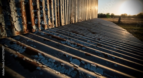 Fototapeta Naklejka Na Ścianę i Meble -  Peeling blue paint on corrugated metal exterior with sunset