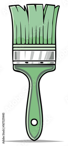 Green paintbrush with a detailed illustration of bristles and handle