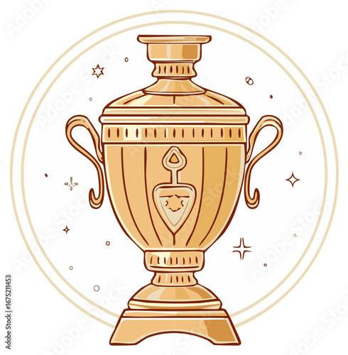 Golden ornate samovar traditional Russian tea urn kettle hot beverage culture symbol illustration