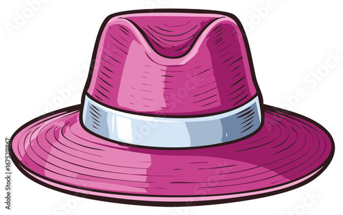 Pink fedora hat with white band in vector graphic illustration.