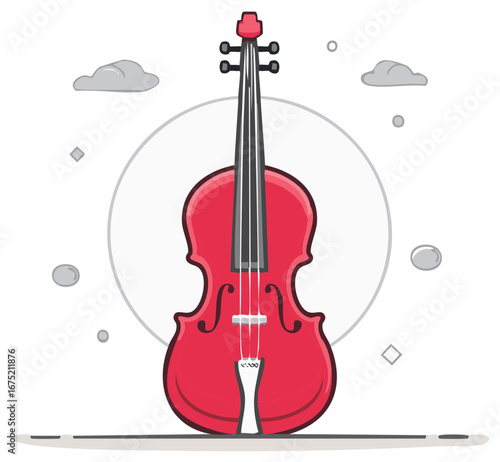 Red Violin Illustration with Clouds and Decorative Shapes
