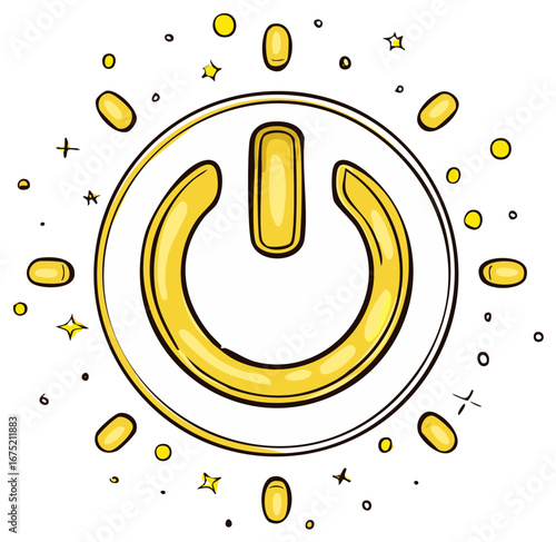 Golden Power Symbol Hand Drawn with Sparkles Isolated, Turning On or Off, Illustration, Cartoon, Shiny, On Off Switch