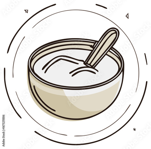 Minimalist line art illustration of a bowl of creamy food with a spoon
