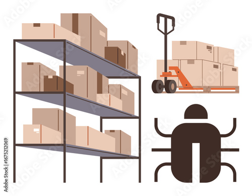 Stacked cardboard boxes on shelves, pallet jack with loaded boxes, and a bug silhouette. Ideal for inventory management, logistics, storage risks, pest control, warehouse operations, e-commerce