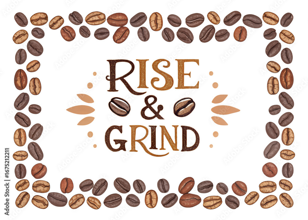 Obraz premium Rise & Grind PNG – Motivational Coffee Quote Typography, Coffee Bean Border Illustration, Sublimation Clipart, Transparent Background