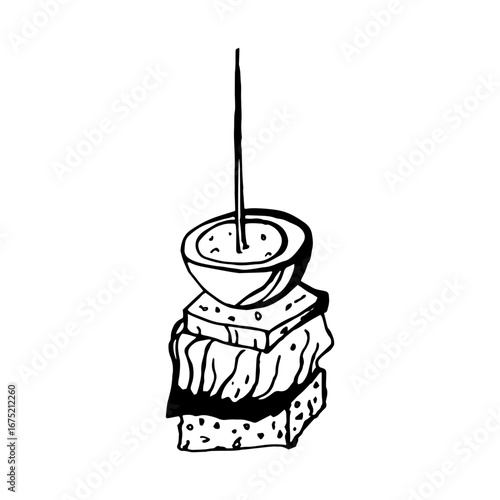 Vector isolated image of Canape, small sandwich strung on skewer. Snack for alcohol, appetizer. Single black and white sketch on white background.