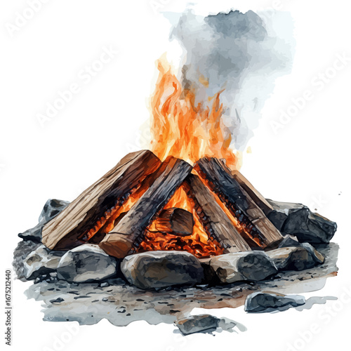 Summer Campfire, watercolor painting vector, isolated on a white background.
