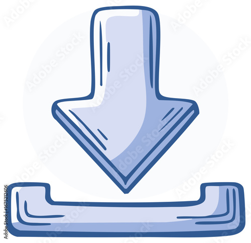 Hand-drawn download icon with arrow pointing towards a tray in blue tones