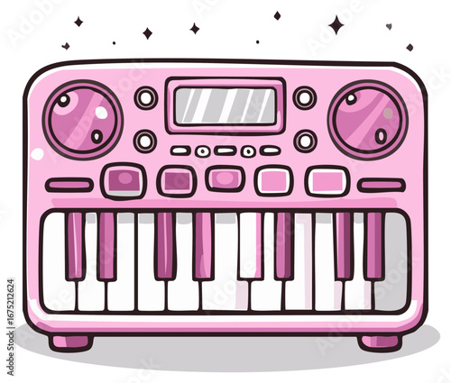 A cute cartoon illustration of a pink toy keyboard synthesizer with sparkles for making electronic pop music