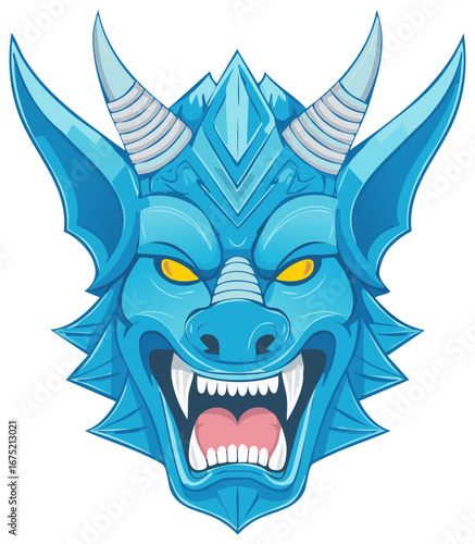 Stylized Blue Dragon Face with Yellow Eyes, Horns, and Sharp Teeth in Cartoon Vector Illustration