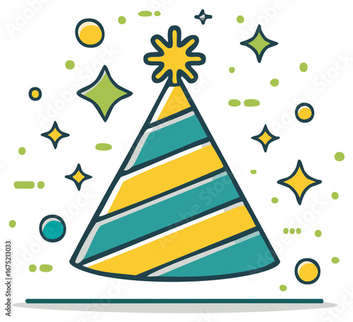 Colorful party hat illustration with celebratory star confetti in vector design