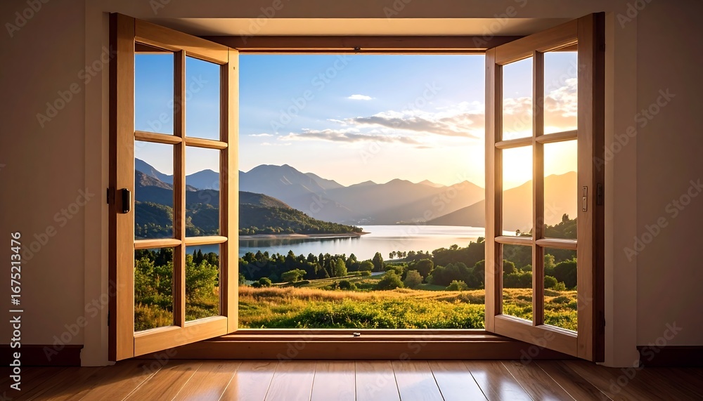 Fototapeta premium Scenic mountain lake view from open window